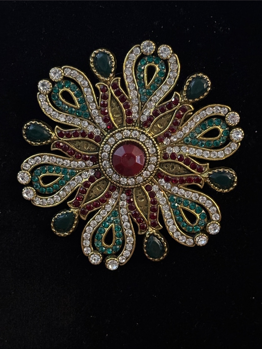 OrnateCrystal Brooch in Red, Green and Gold